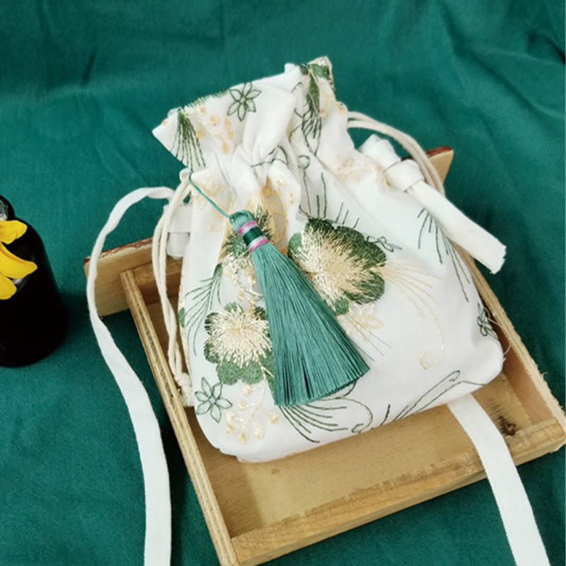 Umhängetasche aus Segeltuch mit Buddha Stones, bestickten Blumen, Kirschblüten und Ranken