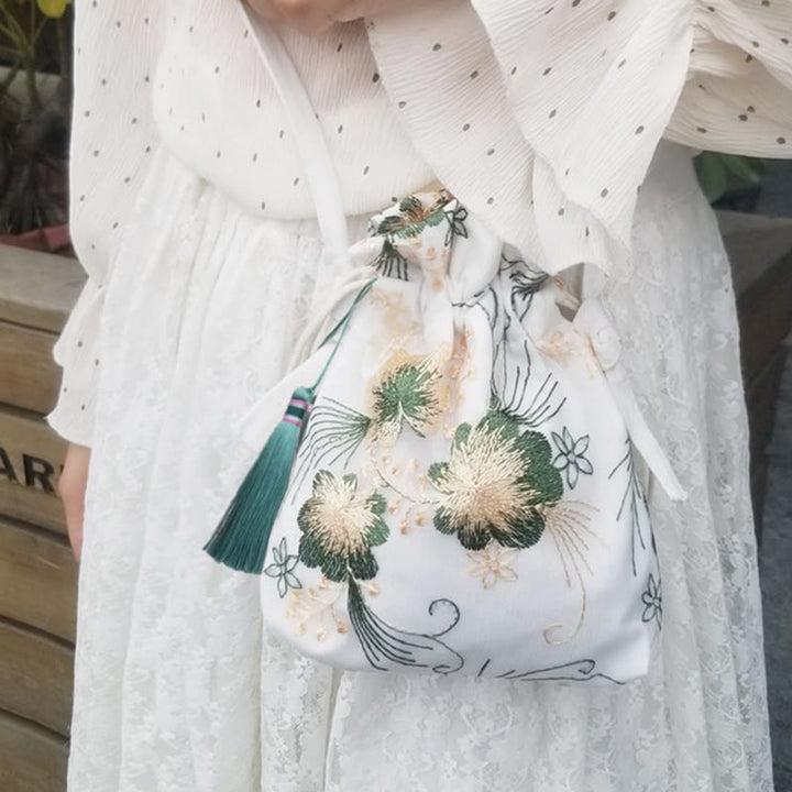 Umhängetasche aus Segeltuch mit Buddha Stones, bestickten Blumen, Kirschblüten und Ranken