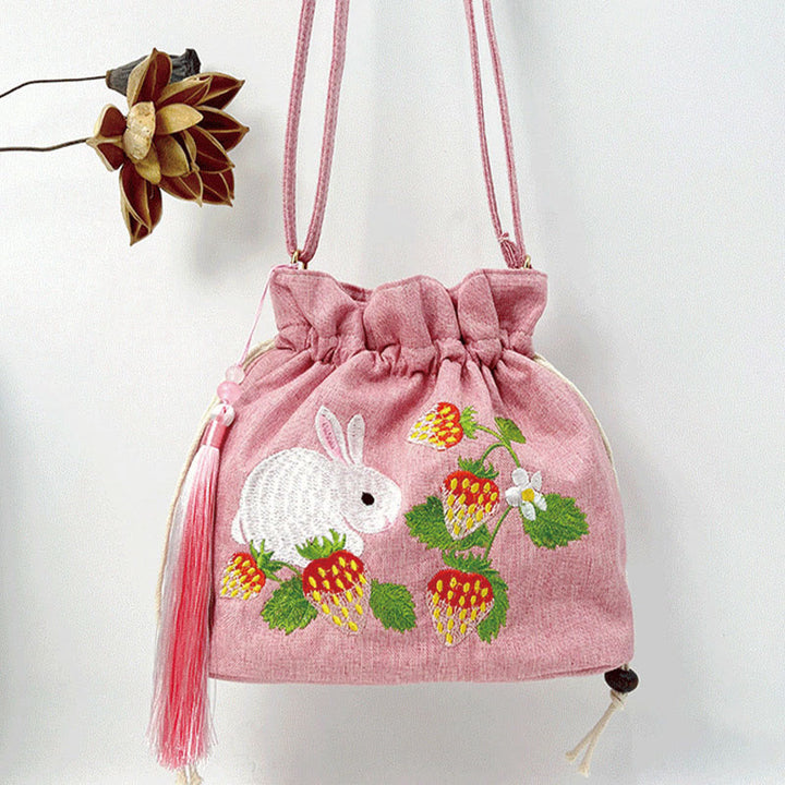 Umhängetasche aus Baumwolle und Leinen mit Buddha Stones , bestickt, rosa, Erdbeer-Kaninchen