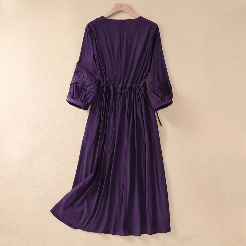 Buddha Stones Sommer-Maxikleid aus Baumwolle und Leinen mit langen Laternenärmeln und Kordelzug und Taschen - image 18
