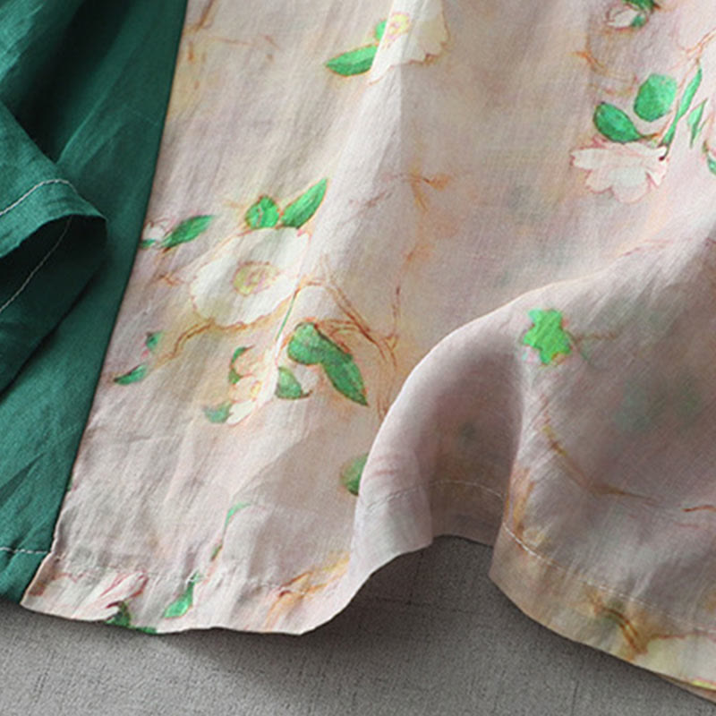 Buddha Stones Lässiges Maxikleid aus Baumwolle und Leinen mit Blumenmuster und Froschknöpfen, kurzärmlig, mit Taschen