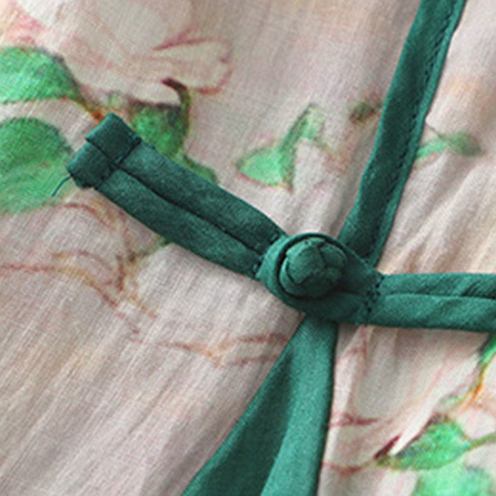 Buddha Stones Lässiges Maxikleid aus Baumwolle und Leinen mit Blumenmuster und Froschknöpfen, kurzärmlig, mit Taschen