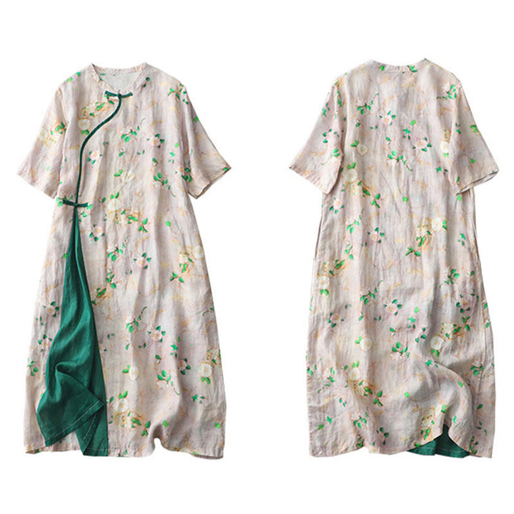 Buddha Stones Lässiges Maxikleid aus Baumwolle und Leinen mit Blumenmuster und Froschknöpfen, kurzärmlig, mit Taschen