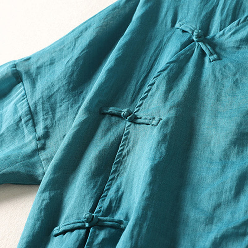 Buddha Stones Damen Midikleid aus Baumwolle und Leinen mit Froschknöpfen und langen Ärmeln - image 19