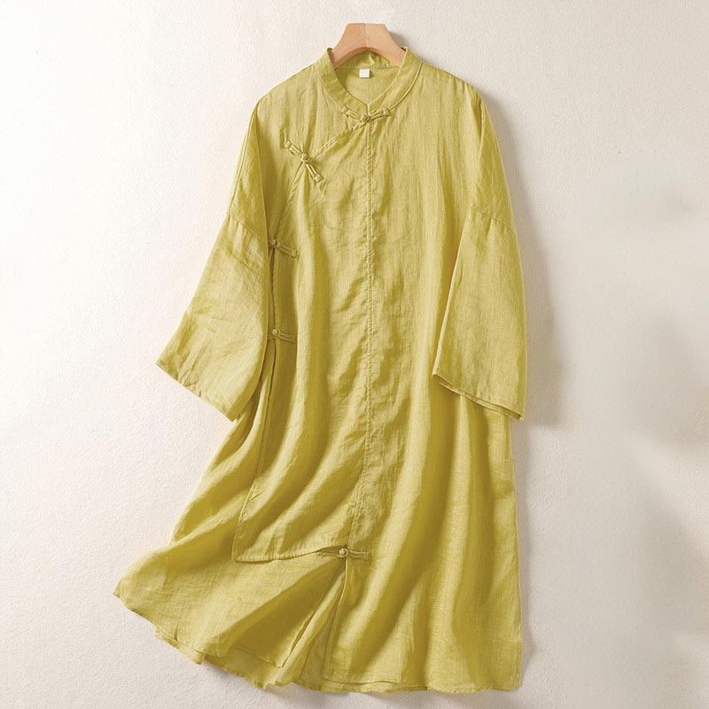 Buddha Stones Damen Midikleid aus Baumwolle und Leinen mit Froschknöpfen und langen Ärmeln - Khaki - US8-10， UK/AU12-14，EU40-42 (2XL) - image 0