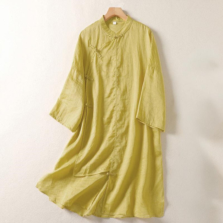 Buddha Stones Damen Midikleid aus Baumwolle und Leinen mit Froschknöpfen und langen Ärmeln - Khaki - US8-10， UK/AU12-14，EU40-42 (2XL) - image 0