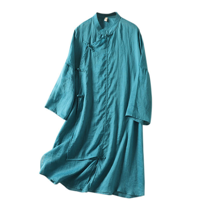 Buddha Stones Damen Midikleid aus Baumwolle und Leinen mit Froschknöpfen und langen Ärmeln - image 23