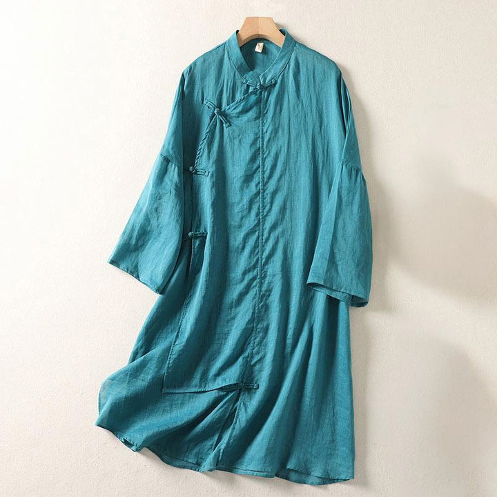 Buddha Stones Damen Midikleid aus Baumwolle und Leinen mit Froschknöpfen und langen Ärmeln - DunkelCyan - US8-10， UK/AU12-14，EU40-42 (2XL) - image 17