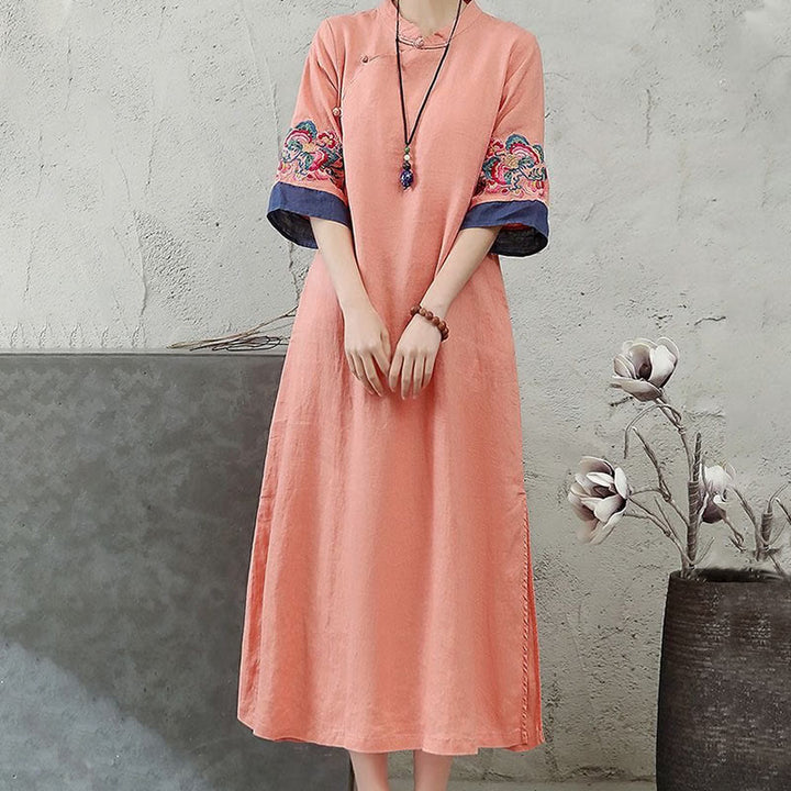 Buddha Stones Stickerei Frosch-Knopf Halbarm Baumwolle Leinen Damen Maxikleid mit Taschen