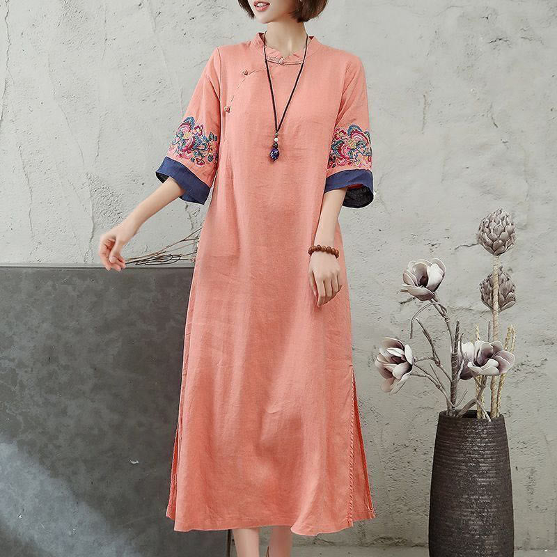 Buddha Stones Stickerei Frosch-Knopf Halbarm Baumwolle Leinen Damen Midikleid - LightSalmon - US14， UK/AU18，EU46 (4XL) - image 0