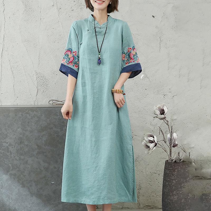 Buddha Stones Stickerei Frosch-Knopf Halbarm Baumwolle Leinen Damen Maxikleid mit Taschen