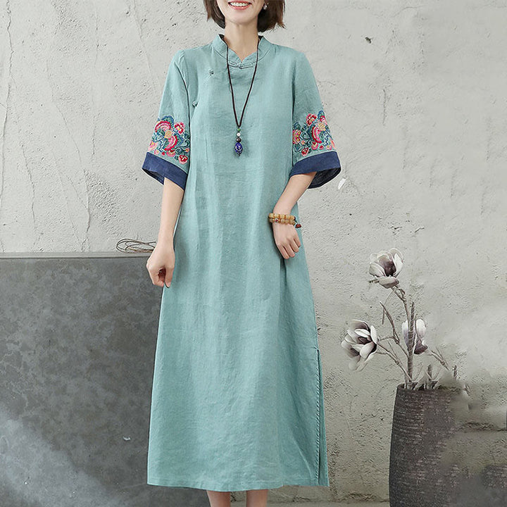 Buddha Stones Stickerei Frosch-Knopf Halbarm Baumwolle Leinen Damen Maxikleid mit Taschen