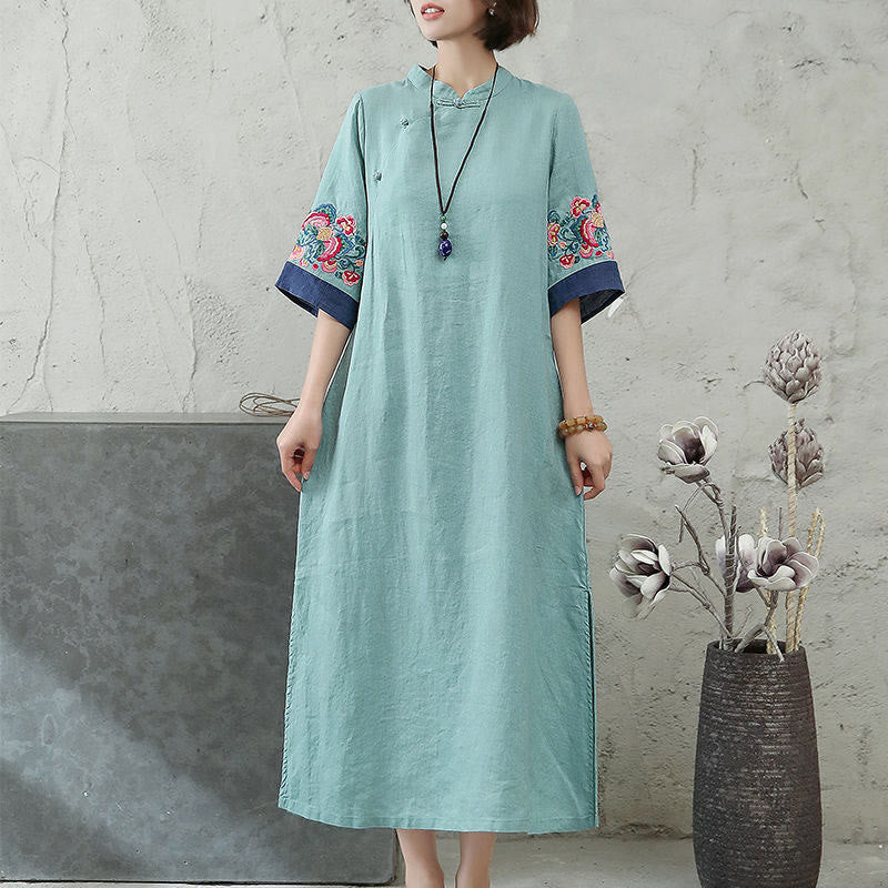 Buddha Stones Stickerei Frosch-Knopf Halbarm Baumwolle Leinen Damen Maxikleid mit Taschen