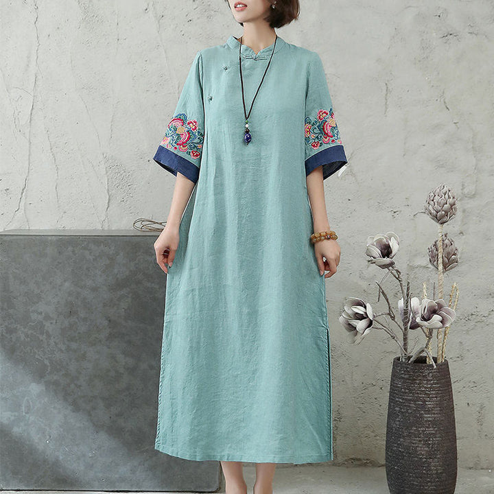 Buddha Stones Stickerei Frosch-Knopf Halbarm Baumwolle Leinen Damen Maxikleid mit Taschen