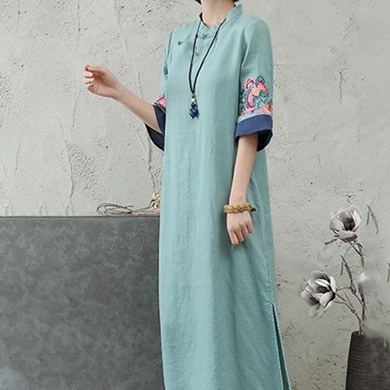 Buddha Stones Stickerei Frosch-Knopf Halbarm Baumwolle Leinen Damen Maxikleid mit Taschen