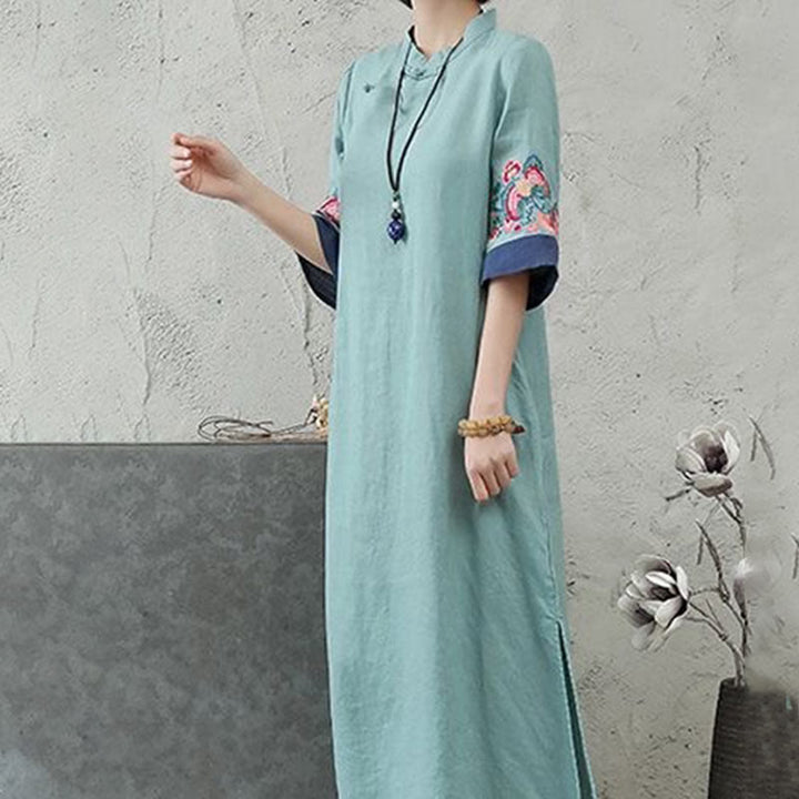 Buddha Stones Stickerei Frosch-Knopf Halbarm Baumwolle Leinen Damen Maxikleid mit Taschen