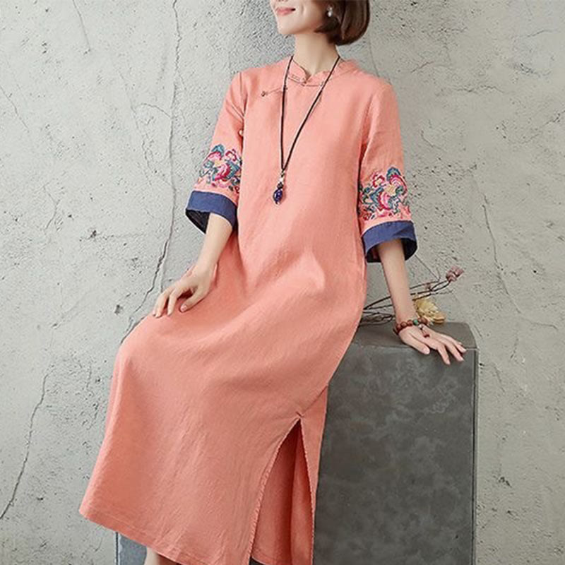 Buddha Stones Stickerei Frosch-Knopf Halbarm Baumwolle Leinen Damen Maxikleid mit Taschen