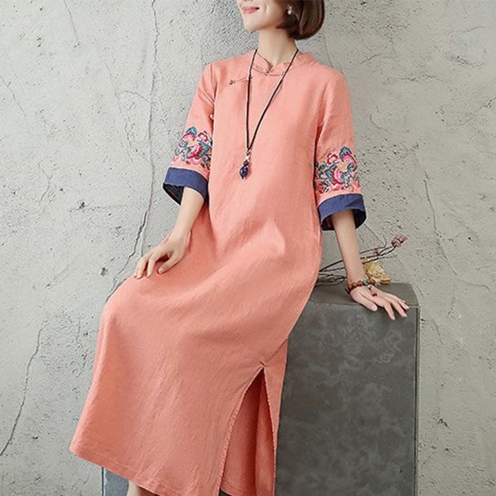 Buddha Stones Stickerei Frosch-Knopf Halbarm Baumwolle Leinen Damen Maxikleid mit Taschen
