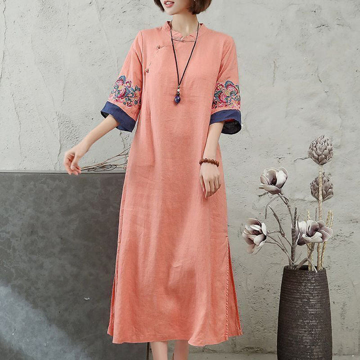 Buddha Stones Stickerei Frosch-Knopf Halbarm Baumwolle Leinen Damen Maxikleid mit Taschen