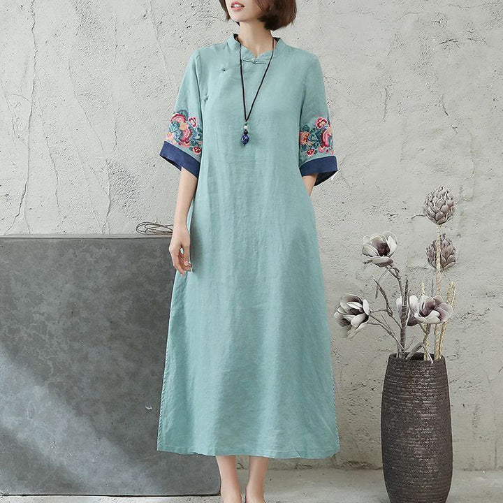Buddha Stones Stickerei Frosch-Knopf Halbarm Baumwolle Leinen Damen Maxikleid mit Taschen