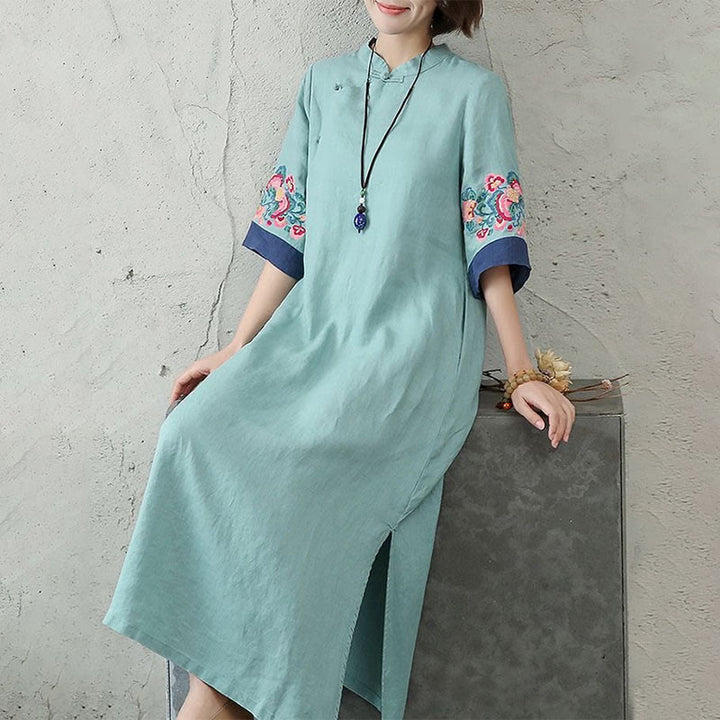 Buddha Stones Stickerei Frosch-Knopf Halbarm Baumwolle Leinen Damen Maxikleid mit Taschen