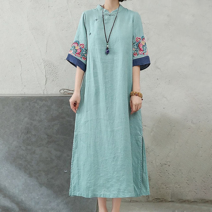 Buddha Stones Stickerei Frosch-Knopf Halbarm Baumwolle Leinen Damen Maxikleid mit Taschen