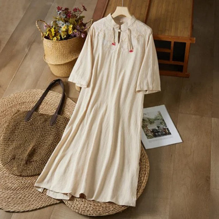 Buddha Stones Vintage Stickerei Froschknopf Halbarm Hohe Taille Baumwolle Leinen Damen Midikleid - Beige - US16, UK/AU20, EU48 (5XL) - image 6