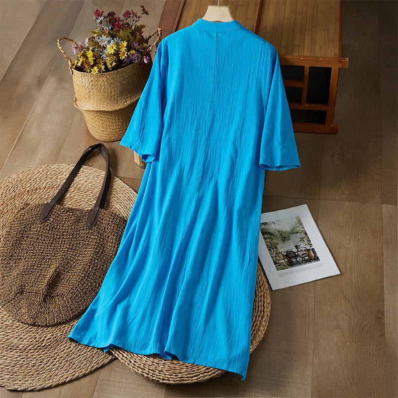 Buddha Stones Vintage Stickerei Froschknopf Halbarm Hohe Taille Baumwolle Leinen Damen Midikleid - image 19