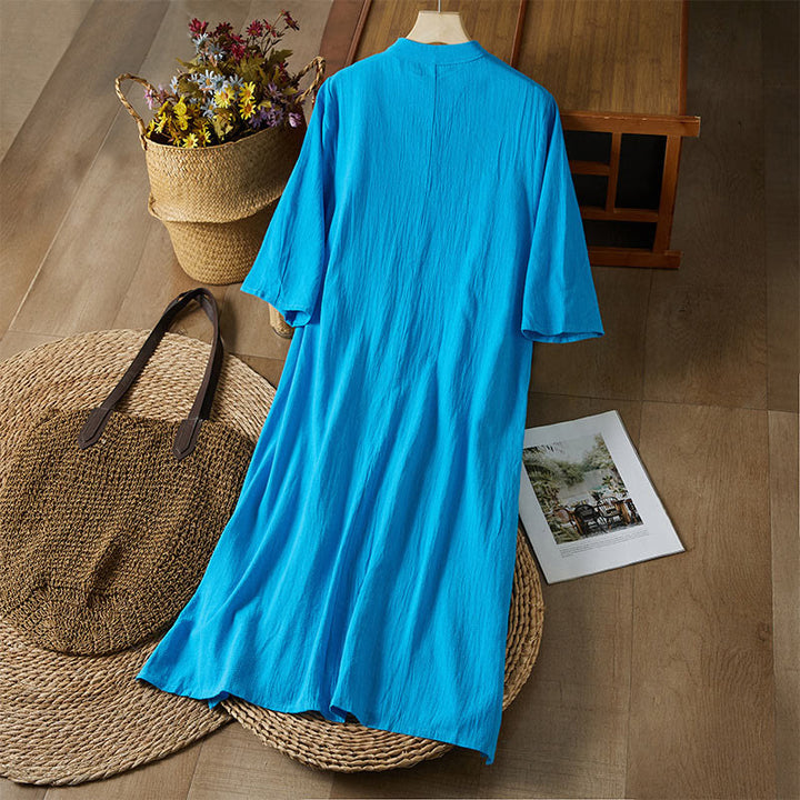 Buddha Stones Vintage Stickerei Froschknopf Halbarm Hohe Taille Baumwolle Leinen Damen Midikleid - image 19