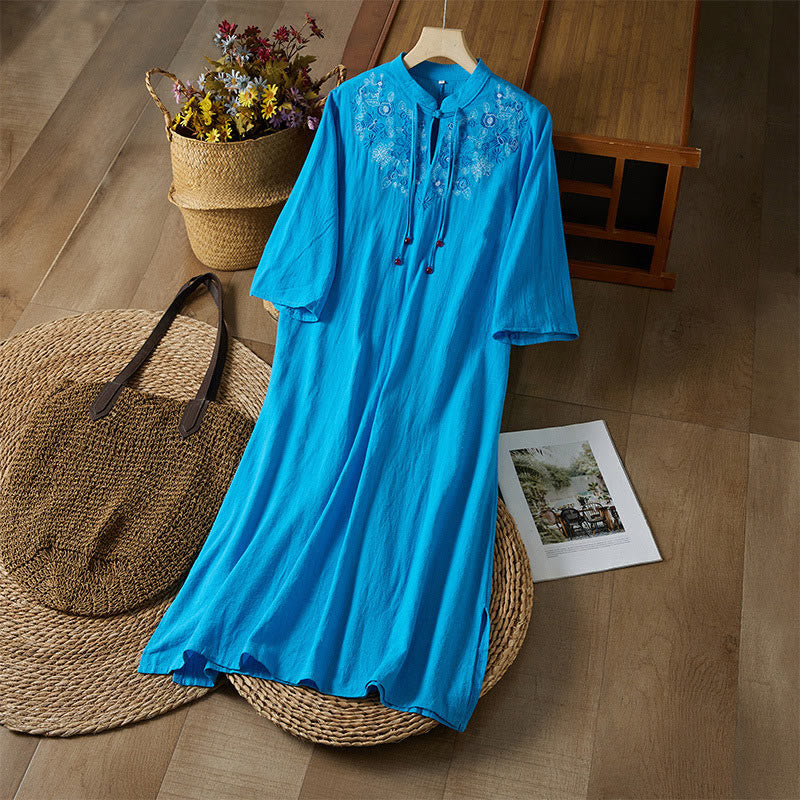Buddha Stones Vintage Stickerei Froschknopf Halbarm Hohe Taille Baumwolle Leinen Damen Midikleid - DodgerBlue - US16, UK/AU20, EU48 (5XL) - image 18