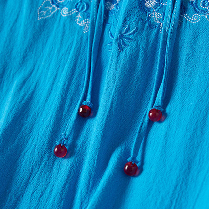 Buddha Stones Vintage Stickerei Froschknopf Halbarm Hohe Taille Baumwolle Leinen Damen Midikleid - image 21