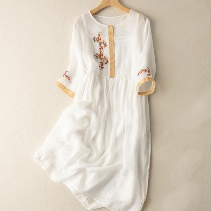 Buddha Stones Frühling Ethno Stickerei Halbarm Baumwolle Leinen Damen Maxikleid