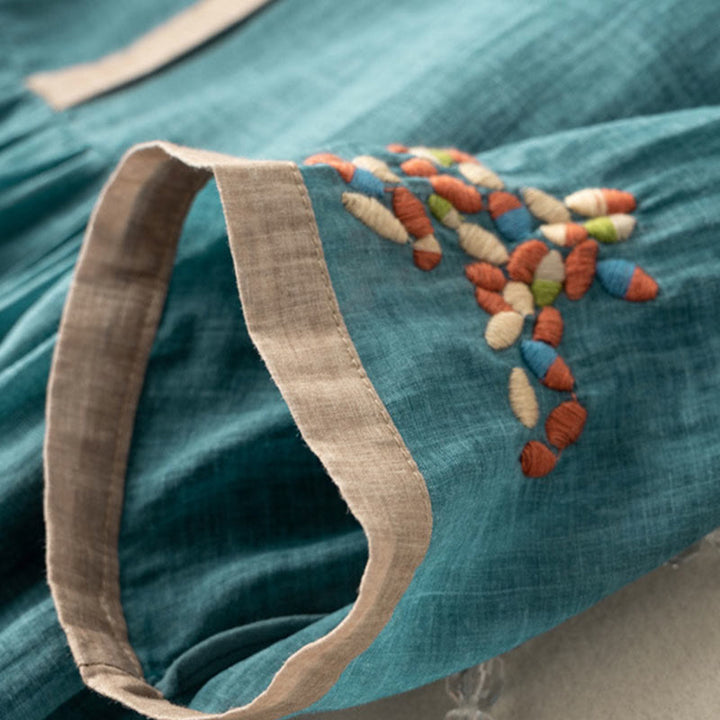 Buddha Stones Frühling Ethnische Stickerei Halbarm Baumwolle Leinen Damen Midikleid - image 7