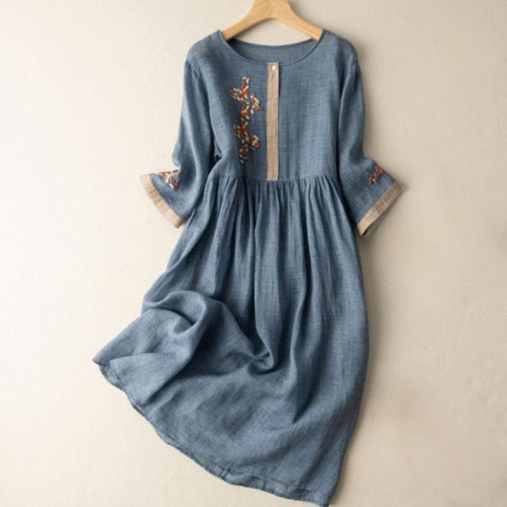 Buddha Stones Frühling Ethno Stickerei Halbarm Baumwolle Leinen Damen Maxikleid