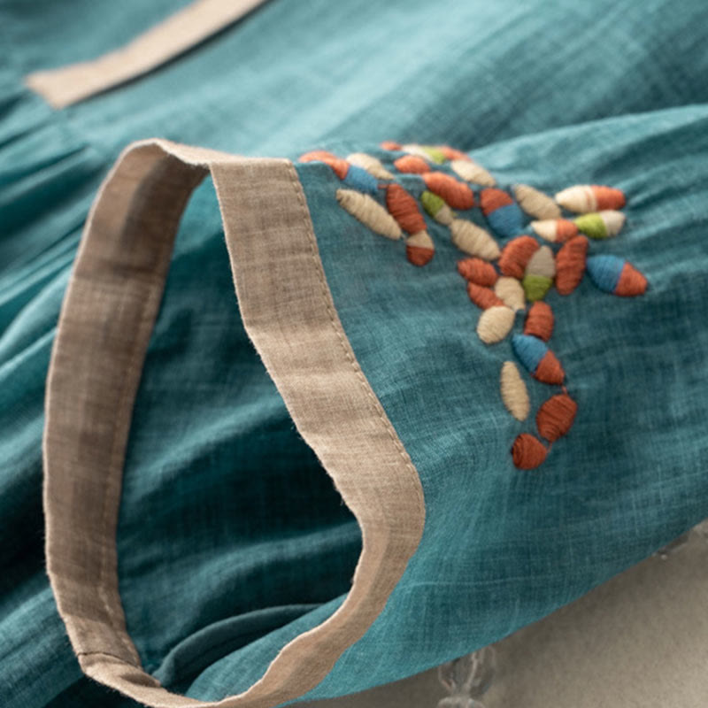 Buddha Stones Frühling Ethnische Stickerei Halbarm Baumwolle Leinen Damen Midikleid - image 7