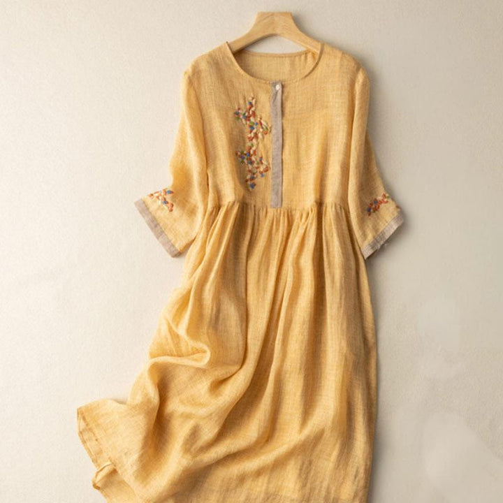Buddha Stones Frühling Ethno Stickerei Halbarm Baumwolle Leinen Damen Maxikleid