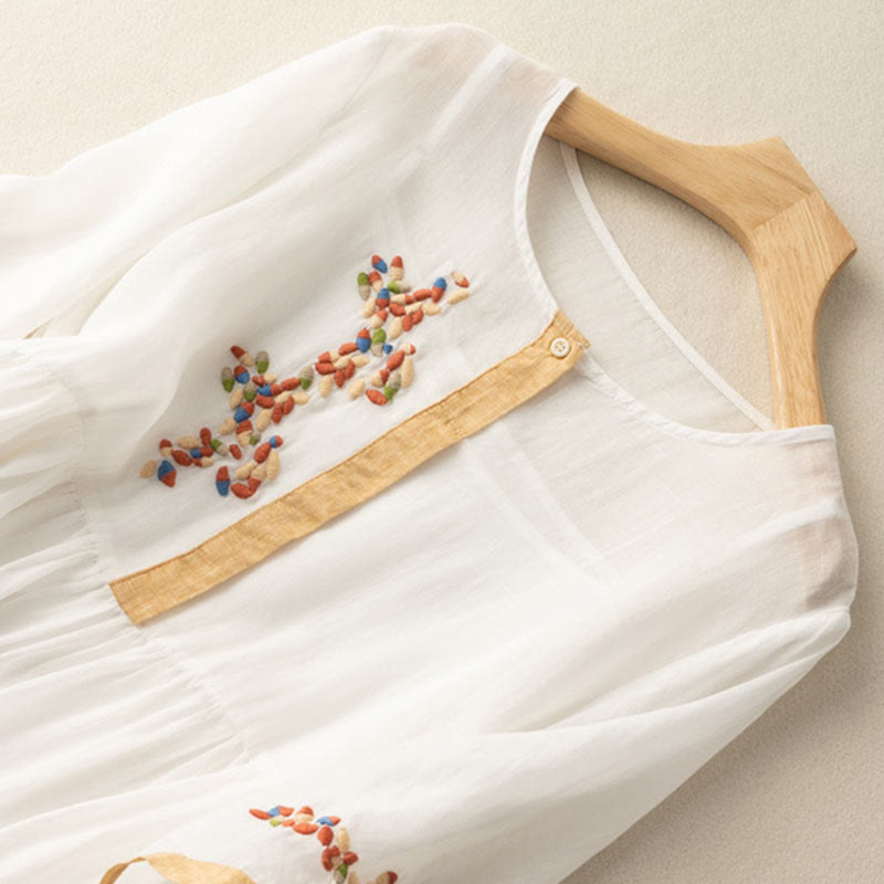 Buddha Stones Frühling Ethnische Stickerei Halbarm Baumwolle Leinen Damen Midikleid - image 1