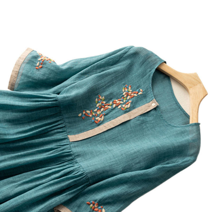 Buddha Stones Frühling Ethno Stickerei Halbarm Baumwolle Leinen Damen Maxikleid