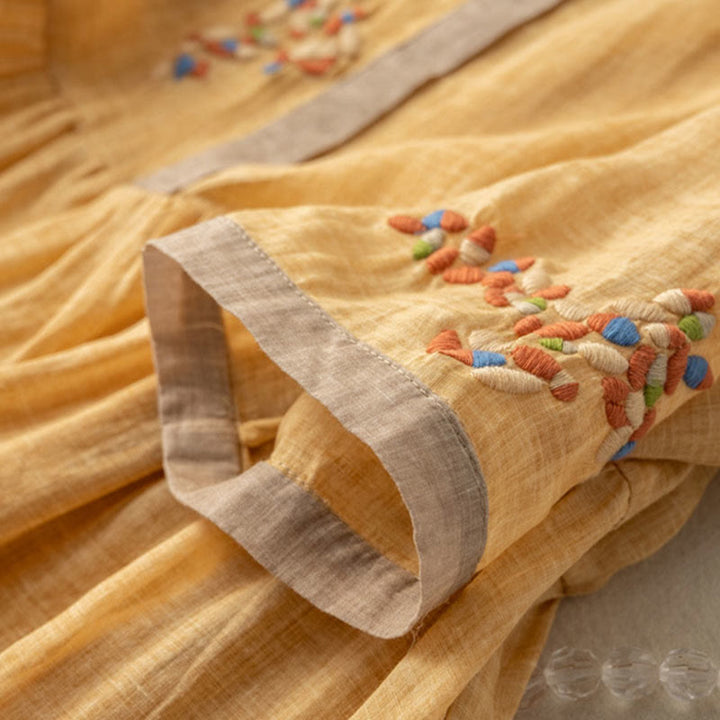 Buddha Stones Frühling Ethnische Stickerei Halbarm Baumwolle Leinen Damen Midikleid - image 4