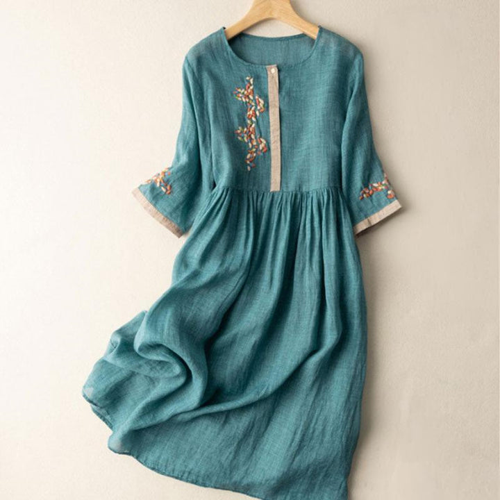 Buddha Stones Frühling Ethno Stickerei Halbarm Baumwolle Leinen Damen Maxikleid