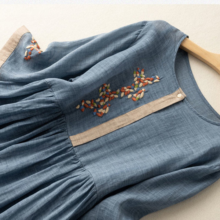 Buddha Stones Frühling Ethno Stickerei Halbarm Baumwolle Leinen Damen Maxikleid