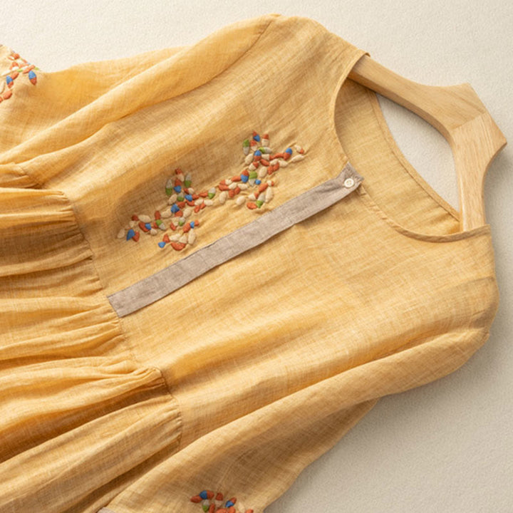Buddha Stones Frühling Ethno Stickerei Halbarm Baumwolle Leinen Damen Maxikleid