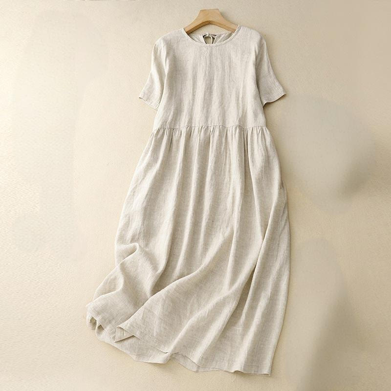 Buddha Stones Lässiges Damen-Midikleid mit kurzen Ärmeln, Schleife und Bindebändern und Taschen - Beige - US8-10， UK/AU12-14，EU40-42 (2XL) - image 14