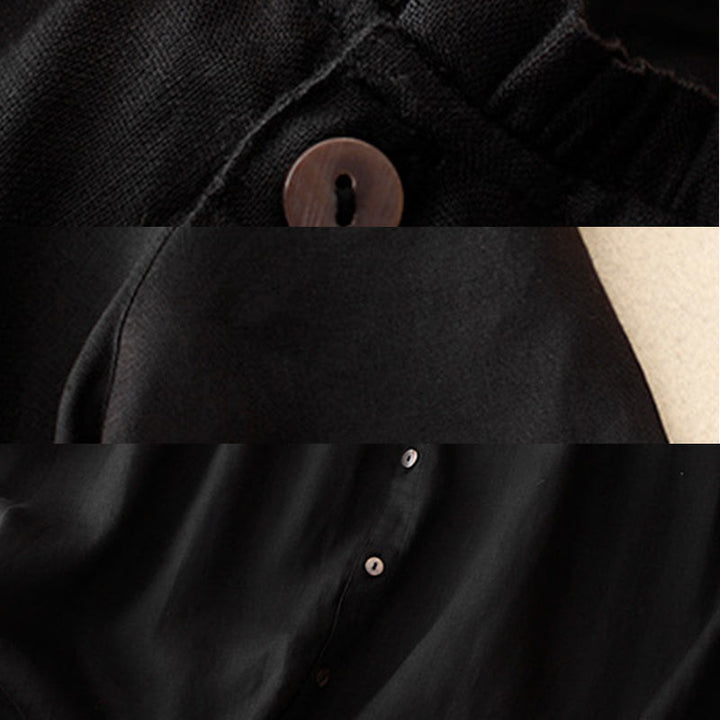 Buddha Stones Lässiges, schlichtes Damen-Midikleid mit Knopfleiste, Rundhalsausschnitt, Rüschen, Kurzarm, Baumwolle und Leinen - image 13