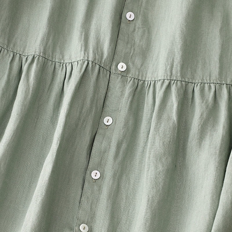 Buddha Stones Lässiges, schlichtes Damen-Midikleid mit Knopfleiste, Rundhalsausschnitt, Rüschen, Kurzarm, Baumwolle und Leinen - image 5