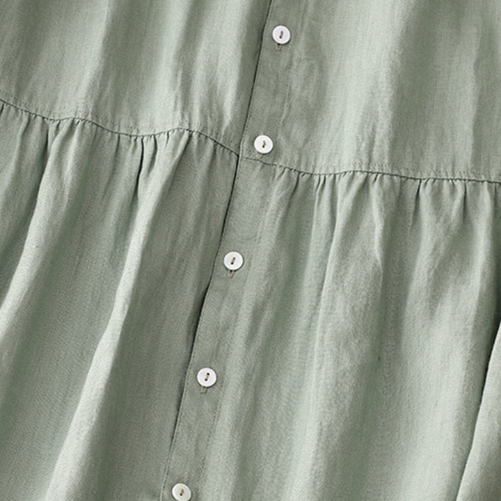 Buddha Stones Lässiges, schlichtes Damen-Midikleid mit Knopfleiste, Rundhalsausschnitt, Rüschen, Kurzarm, Baumwolle und Leinen - image 5