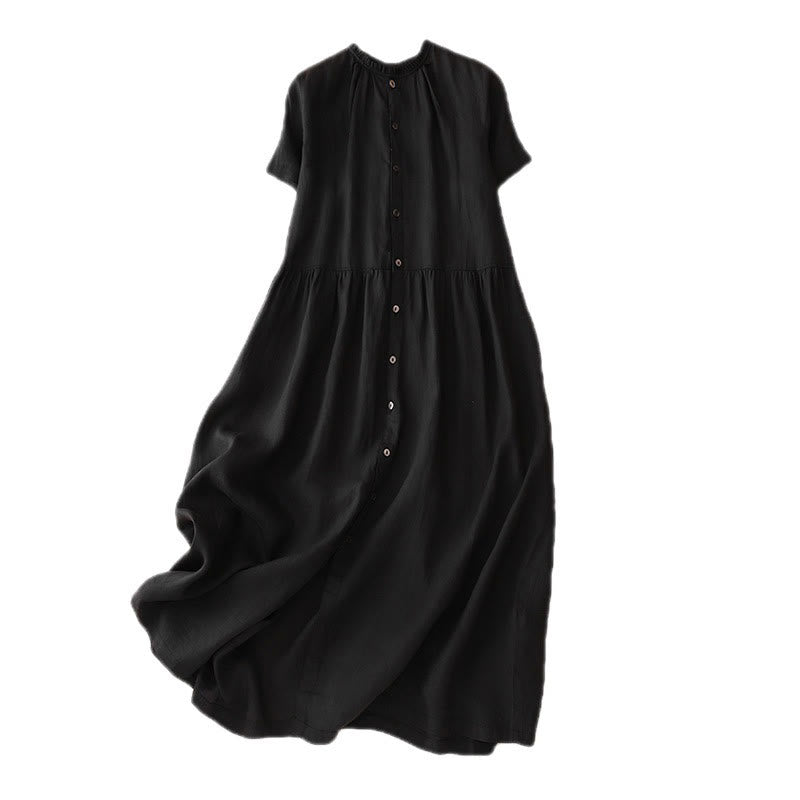Buddha Stones Damen Maxikleid, lässig, einfarbig, mit Knöpfen, Rundhalsausschnitt, Rüschen, kurzärmlig, Baumwolle und Leinen, mit Taschen