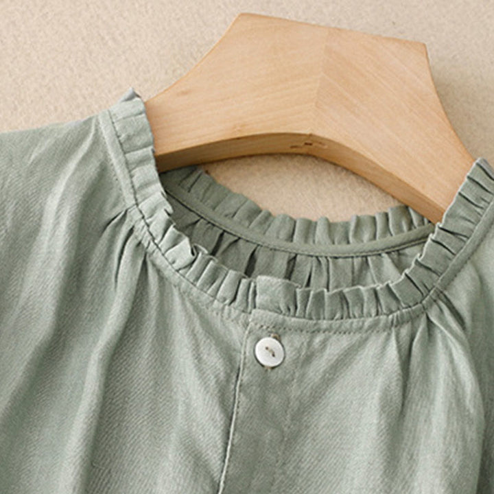 Buddha Stones Lässiges, schlichtes Damen-Midikleid mit Knopfleiste, Rundhalsausschnitt, Rüschen, Kurzarm, Baumwolle und Leinen - image 2