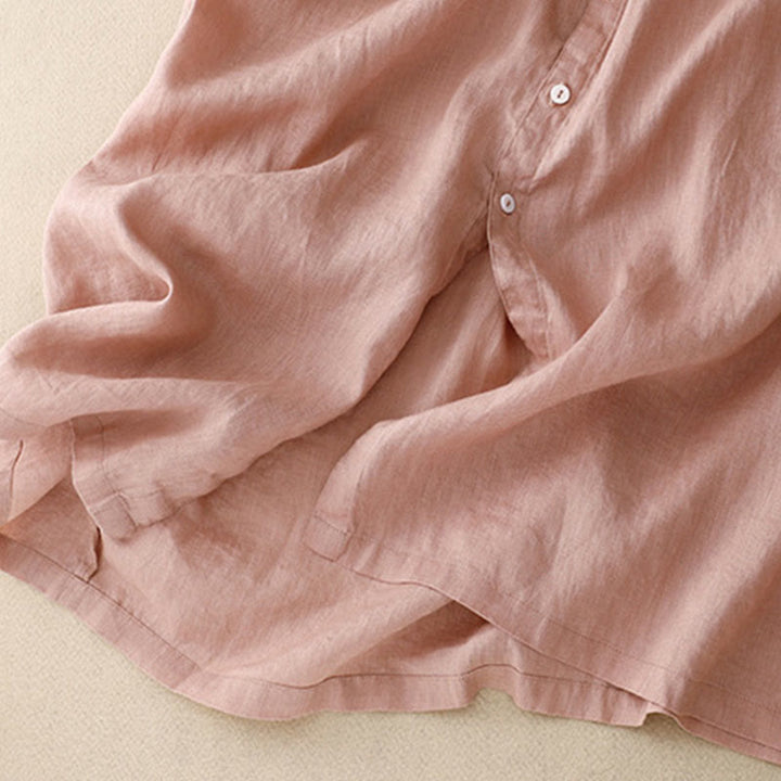 Buddha Stones Lässiges, schlichtes Damen-Midikleid mit Knopfleiste, Rundhalsausschnitt, Rüschen, Kurzarm, Baumwolle und Leinen - image 17