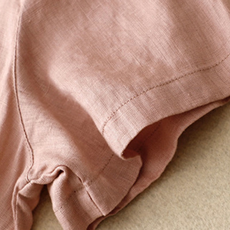 Buddha Stones Lässiges, schlichtes Damen-Midikleid mit Knopfleiste, Rundhalsausschnitt, Rüschen, Kurzarm, Baumwolle und Leinen - image 18